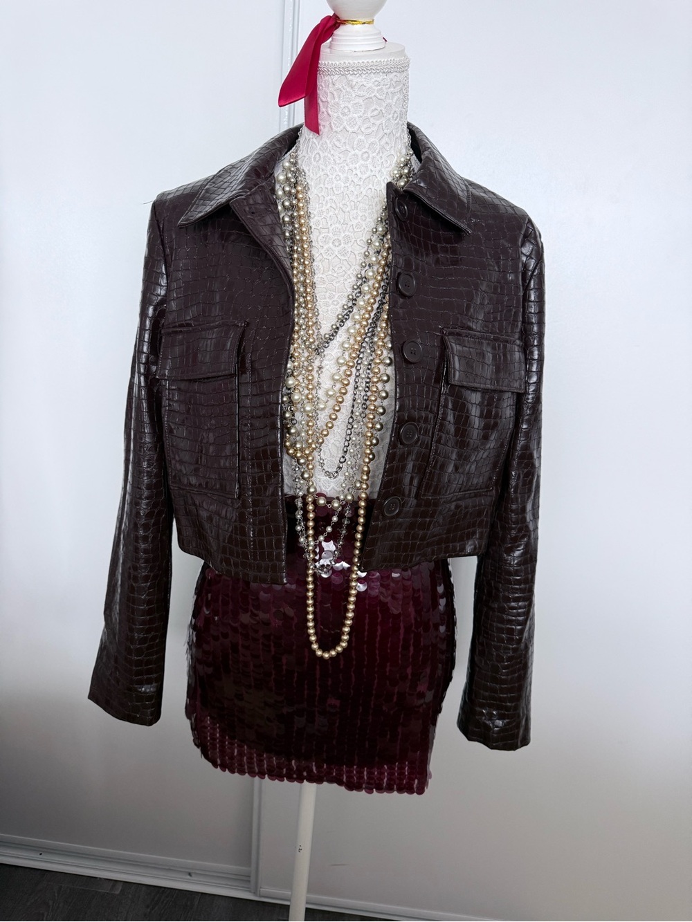 Dynamite Croc-Embossed Dark Brown Cropped Leather Jacket